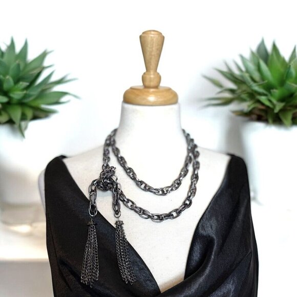 Gunmetal Grey Link Chain Tassel Tie Around Necklace Belt - Picture 1 of 6